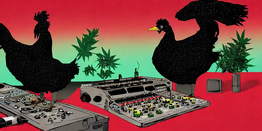 Image similar to 'black chicken'!!! smoking 'cannabis'!!!!!! in front of 'audio console'!!!! and 'multi monitors'!!!! 'in a hi-tech tv broadcasting studio'!!!!, artwork by James Gilleard