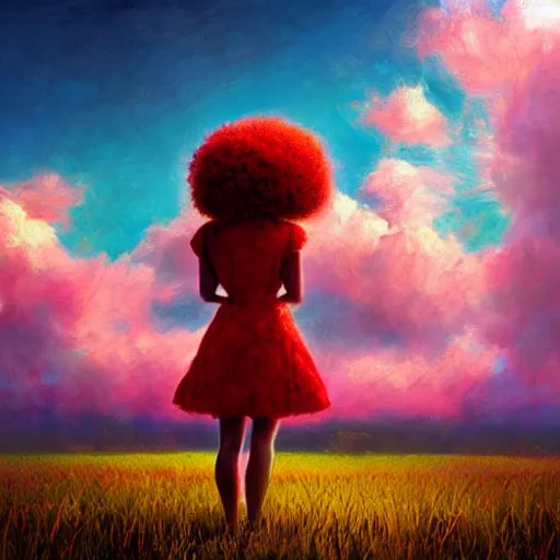 Image similar to large red flower afro, girl standing in a field with flowers, surreal photography, hills, big trees, sunrise dramatic light, impressionist painting, colorful clouds, digital painting, pointillism, artstation, simon stalenhag