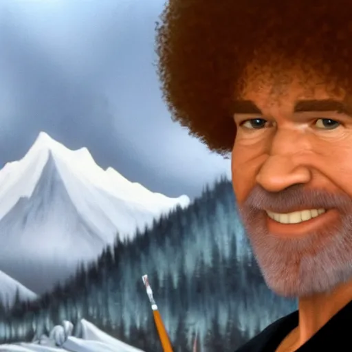 Image similar to a closeup photorealistic photograph of bob ross working on a canvas painting of batman and robin. film still. brightly lit scene. mountains and trees. this 4 k hd image is trending on artstation, featured on behance, well - rendered, extra crisp, features intricate detail, epic composition and the style of unreal engine.