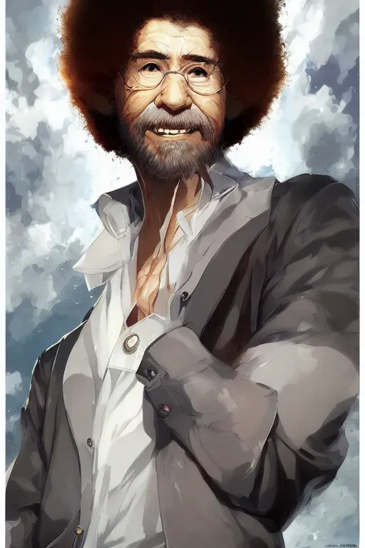 Image similar to An anime portrait of Bob Ross, by Stanley Artgerm Lau, WLOP, Rossdraws, James Jean, Andrei Riabovitchev, Marc Simonetti, and Sakimichan, tranding on artstation, SFW version