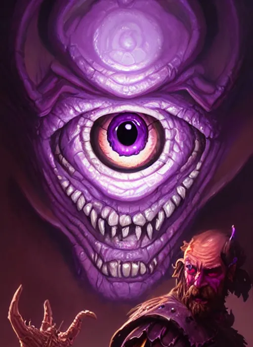 Prompt: purple one - eyed beholder dnd, fantasy oil _ painting _ unreal _ 5 _ daz. _ rpg _ extremely _ detailed _ artgerm _ greg rutkowski