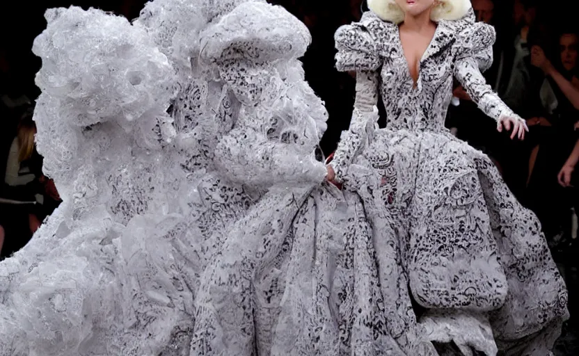 Image similar to lady gaga walking the runway in an alexander mcqueen archive collection at paris fashion week