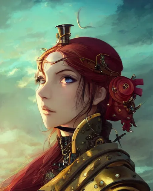 Image similar to a beautiful close up portrait 2D illustration of a young female steampunk pirate wearing leather armor on gold and red trimmings on green, by Charlie Bowater, tom bagshaw, Artgerm and Lois Van Baarle, beautiful anime face, very cool pose, pirate ship with an epic sky background, slightly smiling, cinematic anime lighting and composition, fantasy painting, very detailed, ornate, trending on artstation and pinterest, deviantart, google images