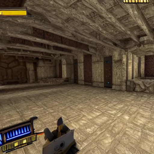 Prompt: realistic picture of quake game, hyper realistic, crisp photo quality, drab coloring