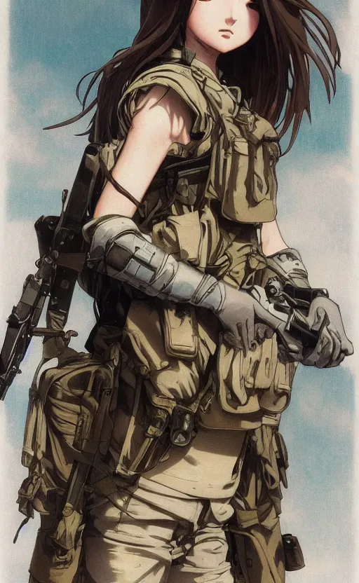 Prompt: infantry girl, trading card front, anime style, symmetrical facial features long hair, hair down, konpeki no kantai, hyper realistic, pale skin, rule of thirds, extreme detail, 4 k, detailed drawing, trending artstation, realistic lighting, by alphonse mucha, greg rutkowski, sharp focus, backlit, combat vest