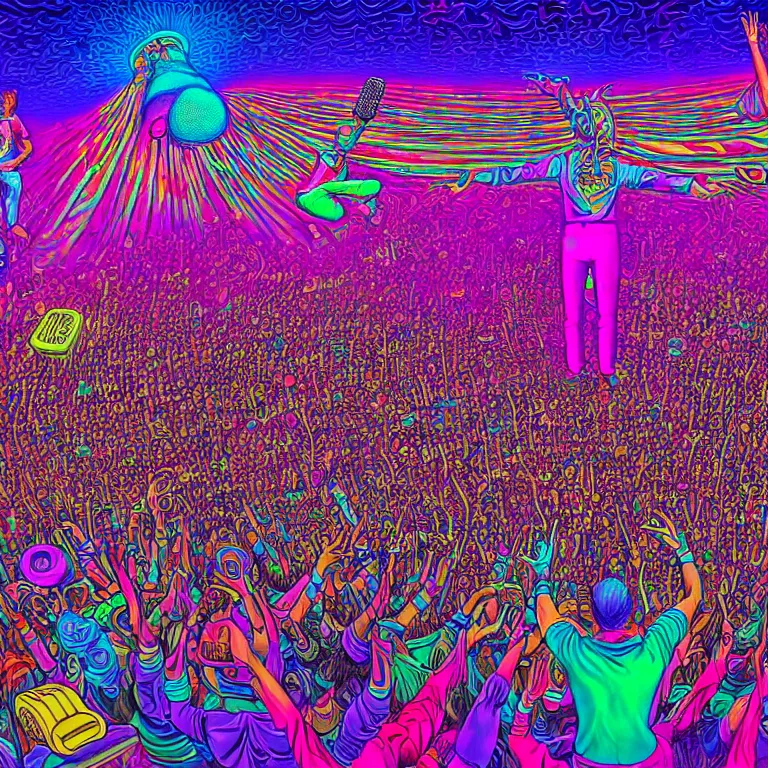 Image similar to rapping on stage at festival, holding microphone, giant crowd, epic pose, happy, psychedelic, hip hop, surreal, neon, vaporwave, detailed, illustrated by Alex Grey, 4k