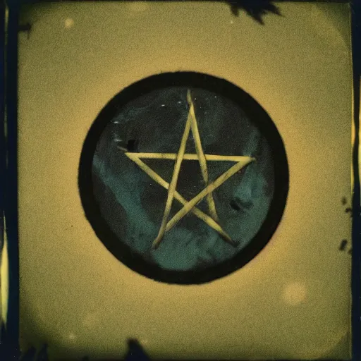 Image similar to glowing pentagram in a forest clearing at night, old polaroid, expired film, blurry, lost footage, found footage, creepy,