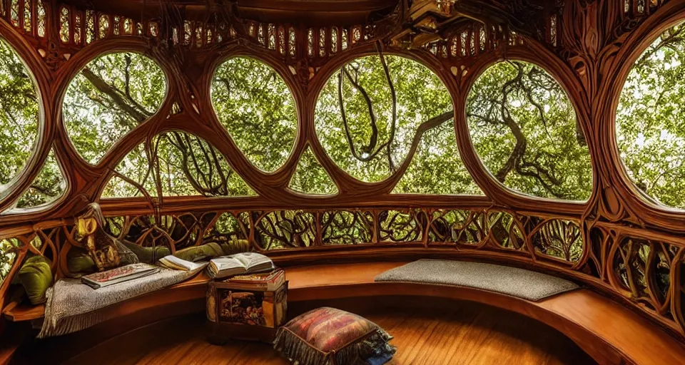 Image similar to An incredibly beautiful scene from a 2022 Marvel film featuring a cozy art nouveau reading nook balcony in a fantasy treehouse interior. 8K UHD.