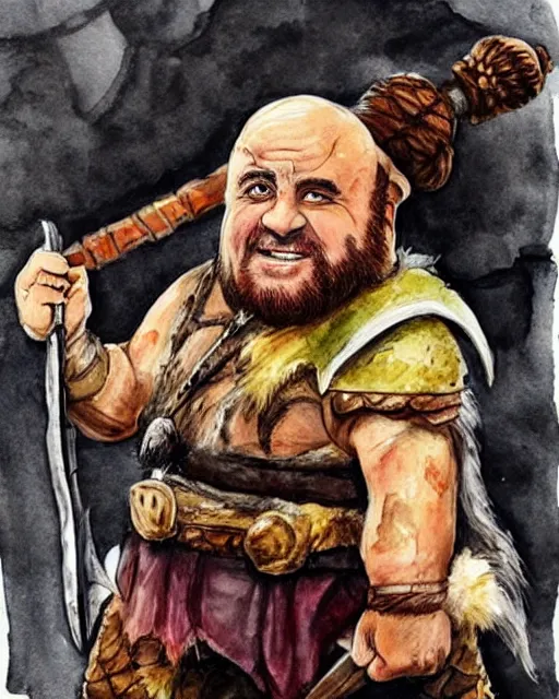 Prompt: Danny DeVito as a dwarf barbarian, water color, Dungeons and Dragons, Wizards of the Coast