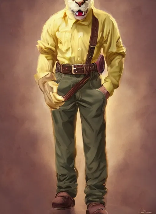 Prompt: fursona commission anthropomorphic albino mountain lion wearing a yellow button-down shirt, olive green slacks and suspenders. pretty, beautiful, DnD character art portrait, matte fantasy painting, DeviantArt Artstation, by Jason Felix by Steve Argyle by Tyler Jacobson by Peter Mohrbacher, cinematic lighting