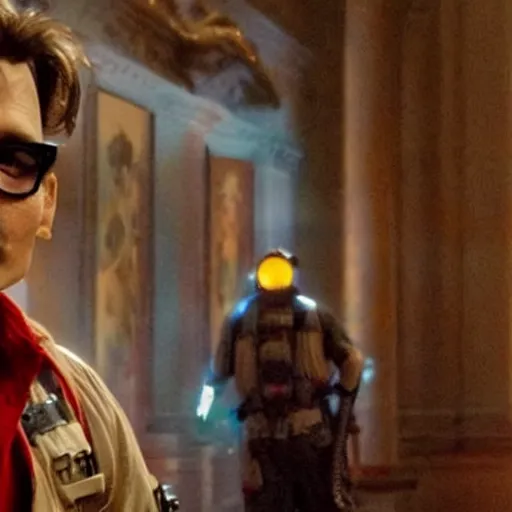 Prompt: stunning awe inspiring johnny depp as a ghostbuster in the movie ghostbusters, highly detailed face, movie still 8 k hdr atmospheric lighting
