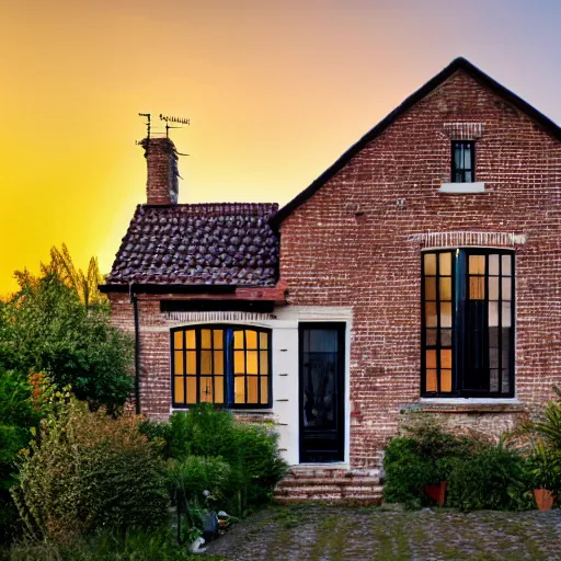 Image similar to a two floor house, exposed brick walls, large tinted window, black window frames, nice flowered distributed back yard with stonemasons, slate roof style, during sunset, nice house lighting