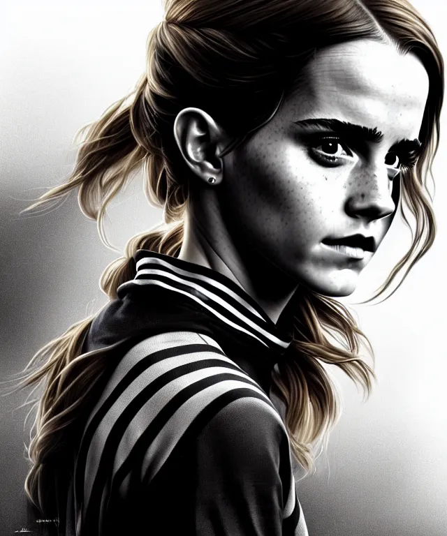 Prompt: a detailed fifty mm portrait of emma watson as a female hobbit in a black adidas track suit with white stripes, headshot, highly detailed, digital painting, artstation, concept art, sharp focus, cinematic lighting, illustration, art by met mangindaan, artgerm and greg rutkowski, alphonse mucha, cgsociety