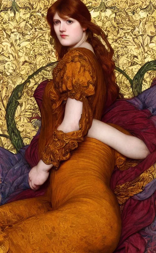 Image similar to preraphaelite full body reclining portrait photography masterpiece, perfectly poised, foreshortening, brown hair fringe, yellow ochre ornate medieval dress, frederic leighton, background by william morris and kilian eng, framed, 4 k