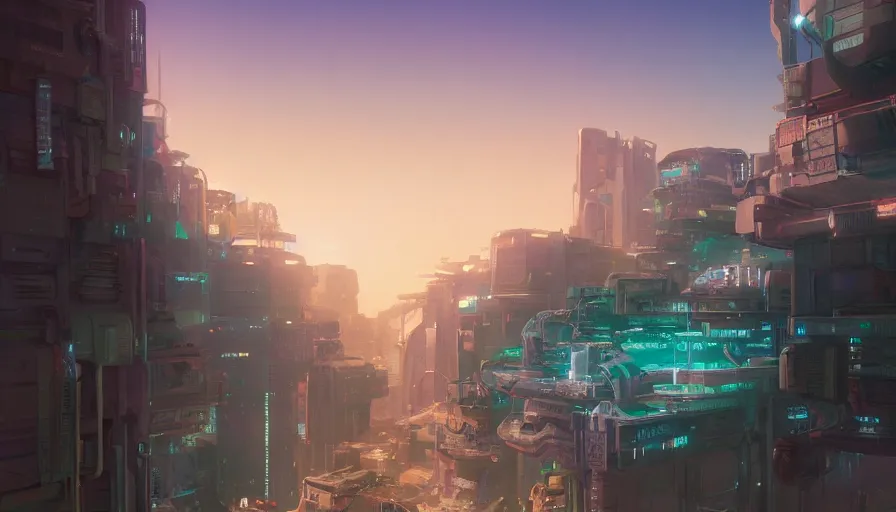 Prompt: A highly detailed digital art painting of a distopian cyberpunk indistrial site by Studio Ghibli, Makoto Shinkai, by Artgerm, by beeple, volumetric lighting, octane render, 4K resolution, trending on artstation, masterpiece, vivid colours