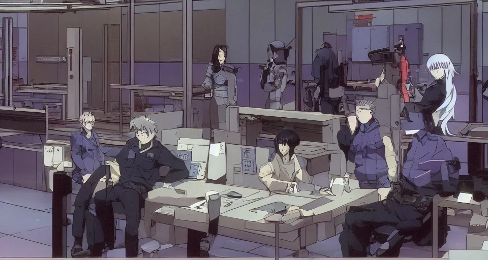 Prompt: Scene within the location called 'Public security section 9'. Police station interior. Screenshot from an episode of the anime 'Ghost in the shell: Stand Alone Complex' (2003). Produced by 'Production I.G'. Original manga by Masamune Shirow. Art direction by Kazuki Higashiji and Yuusuke Takeda.