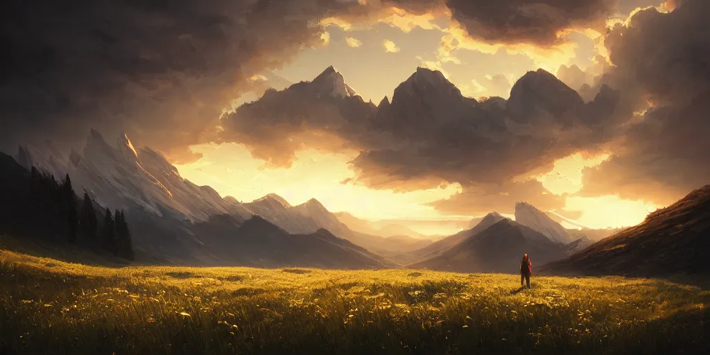 Image similar to everyday we drift further from reality, first light, mountains, meadow, wildflowers, clouds, dramatic lighting, sunrise, by greg rutkowski and jeffrey smith, trending on artstation