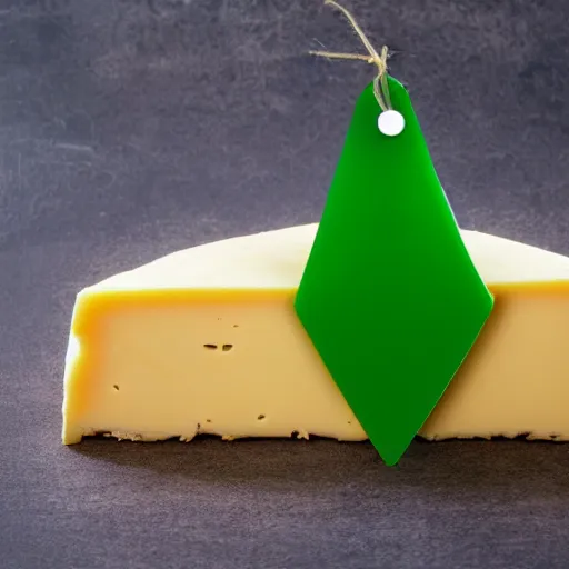 Image similar to a wedge of cheese with a green participation badge hanging from the side, stock art, 8K