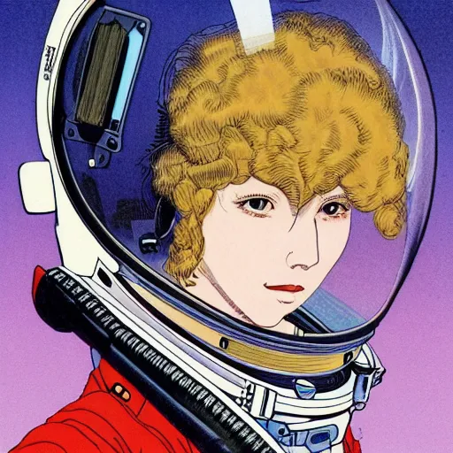 Image similar to portrait of female astronaut painted in miyazaki color style drawn by katsuhiro otomo and takato yamamoto, high detail, intricate linework, sharp, smooth face, china doll face, high detail, manga and anime