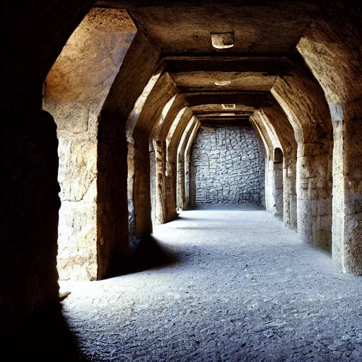 Prompt: a film still of an ancient stone hallway with a dirt floor, the stone wall has ancient stone carvings, sunlight is coming from above, god rays, volumetric lighting, film grain, wide shot