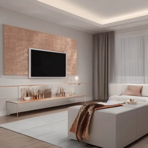 Image similar to 3 d render of white living room with rose gold metallic accents