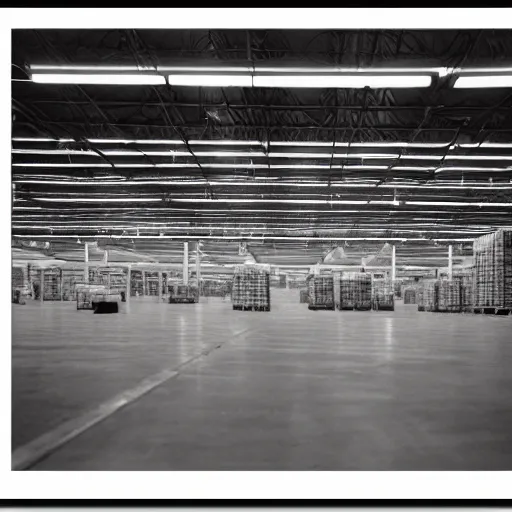 Prompt: 3 5 mm photo of the inside of an amazon warehouse at night