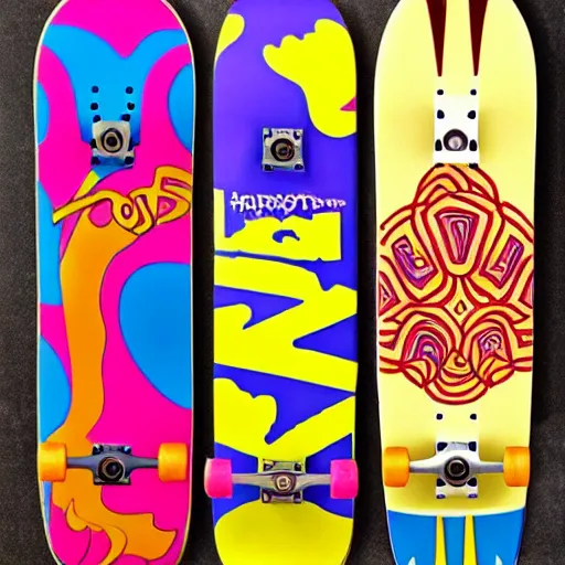 Prompt: 8 0's skateboard culture based psychedelic color combinations, no background