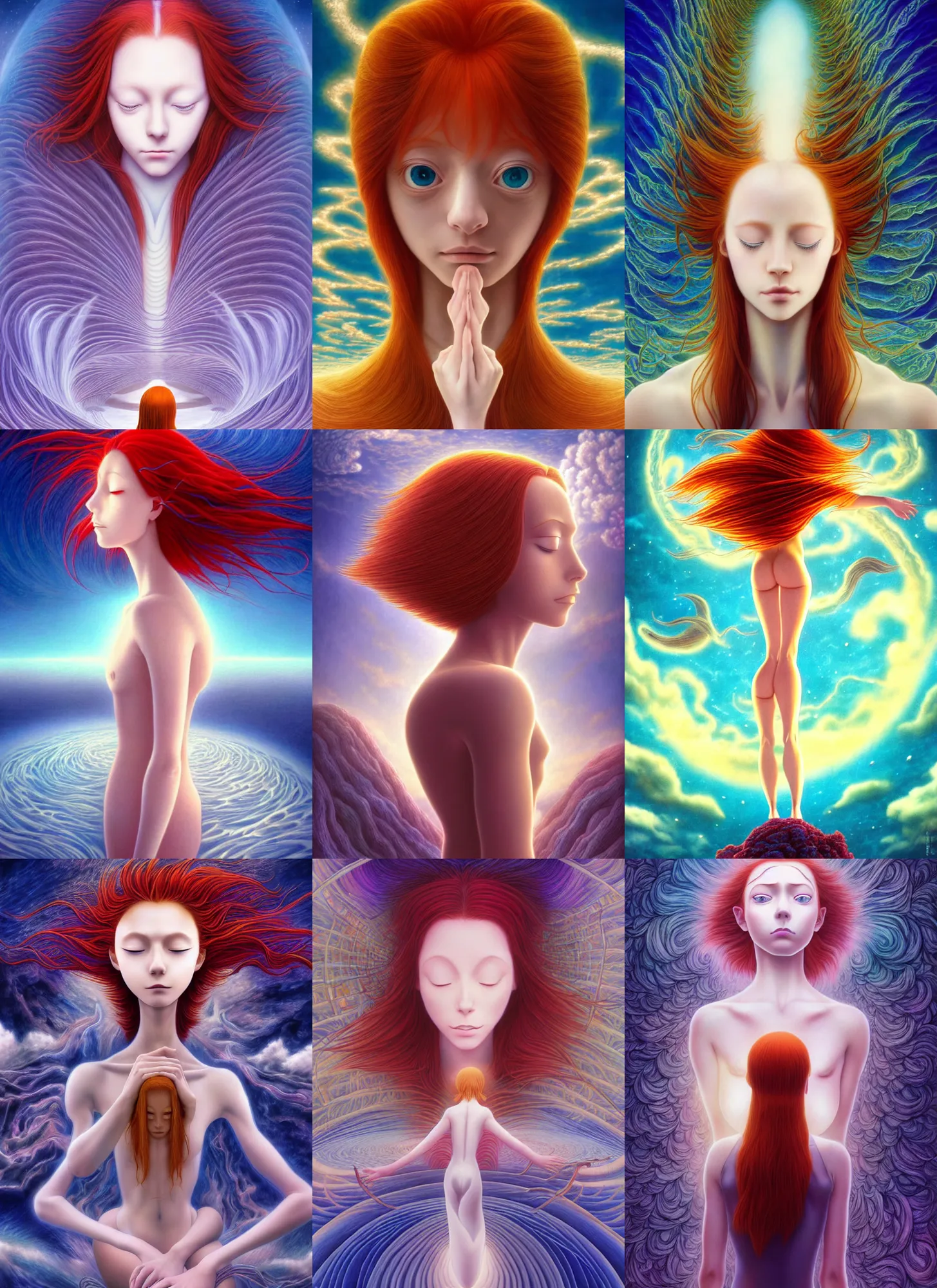 Prompt: a redhead woman falls into a dream within a dream within a dream within a dream within a dream, alex grey, salvador dali, fractal, surreal art, semi realistic anime, studio ghibli, makoto shinkai, award winning illustration, masterpiece, 4 k