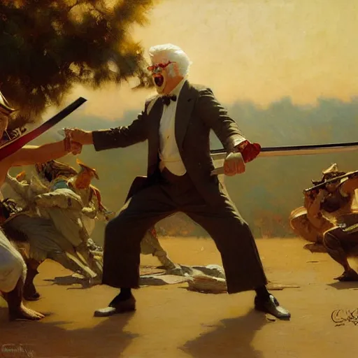 Image similar to colonel sanders with katana fighting donald mcdonald, highly detailed painting by gaston bussiere, craig mullins, j. c. leyendecker, 8 k