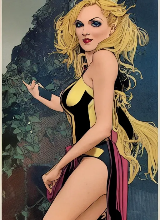 Prompt: slim young april with a mischievous face and long blonde wavy hair dressed as a superhero in her early twenties, posing with her arms tucked behind her back, black canary, tight fit, curvaceous, leotard, intricate detailed face, shiny, art by joshua middleton and greg rutkowski and alphonse mucha