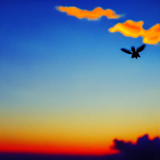 Image similar to Close-up realistic shot of a radiant white dove flying over the clouds at sunset, ethereal, vintage photograph, film grain, surreal, awe-inspiring, highly detailed, blue and orange color scheme