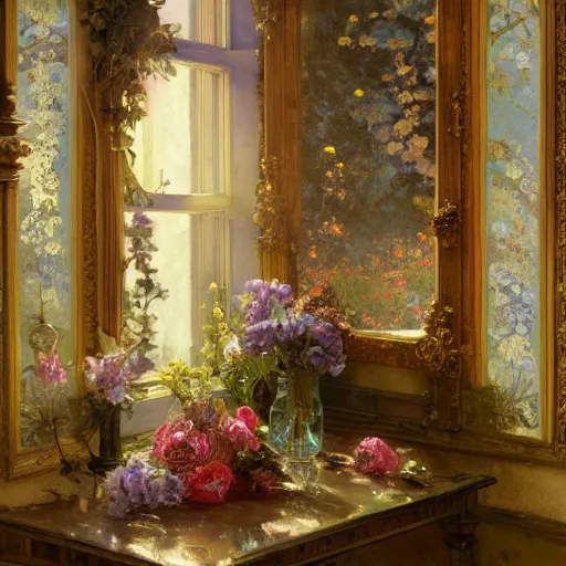 Image similar to a beautifull intricate oil painting of a victorian room with flowers, reflexions, verry high details by william turner art, greg rutkowski and alphonse mucha, trending on artstation, very very detailed, masterpiece, intense colours, wide lens,