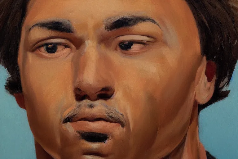 Image similar to frank the ai painter self portrait, detailed eyes, photorealistic