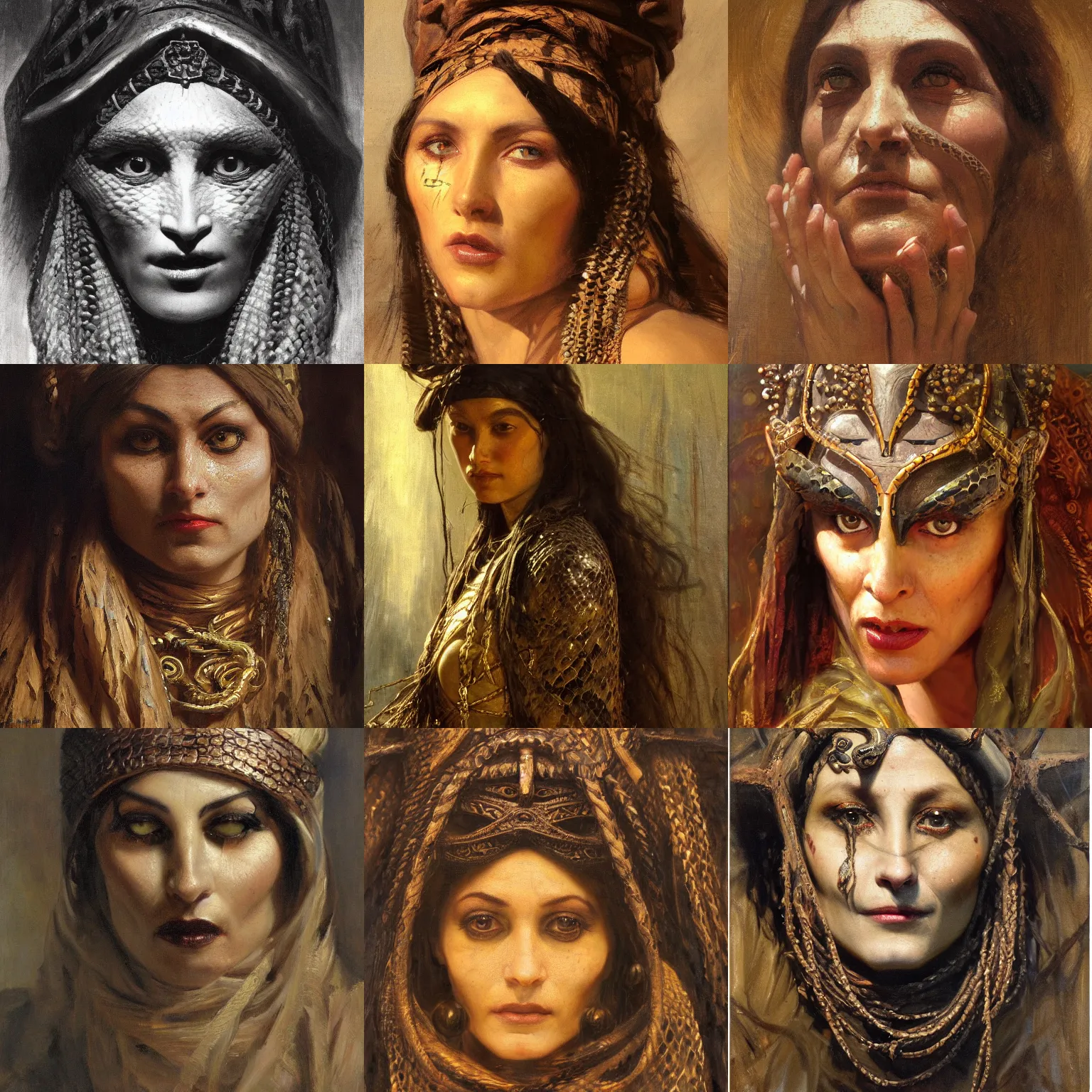 Prompt: snake witch orientalism face detail by theodore ralli and nasreddine dinet and anders zorn and edwin longsden long, bronze age, sword and sorcery, oil on canvas, masterful intricate artwork, excellent lighting, high detail 8 k
