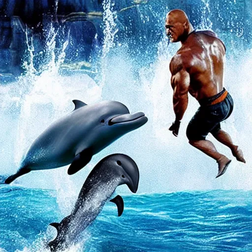 Prompt: Dwayne Johnson beating upa flipper dolphin, realistic, masterpiece, beautiful lighting, cinematic, The Rock, muscles, strong man
