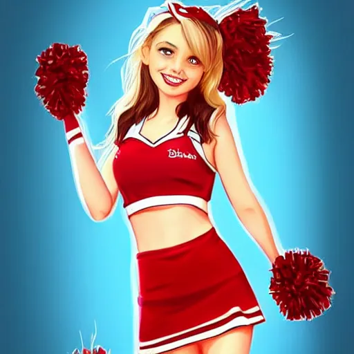 Image similar to very very very beautiful cheerleader, making eye contact, smiling, flirty, perfect body, perfect face, drawn by artgerm