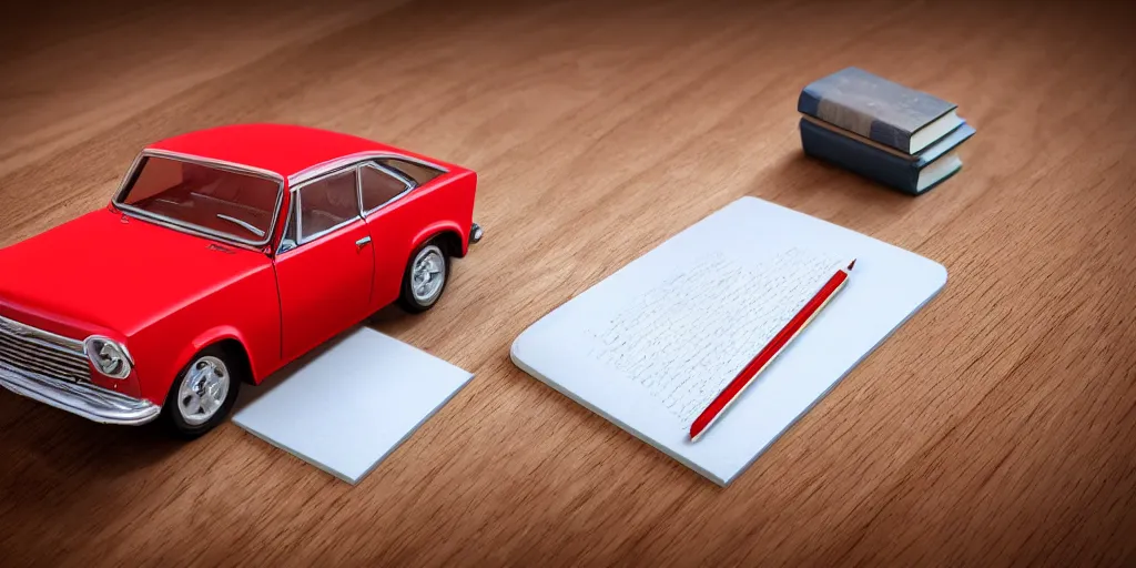 Image similar to a small miniature of a red Chevrolet Opala near a book and a pencil on a wooden table, hyperrealistic, concept art, octane render, unreal engine 5, path tracing, complementary colours, high quality, highly detailed, 4K, symmetrical, low contrast, serene landscape, calm, high coherence