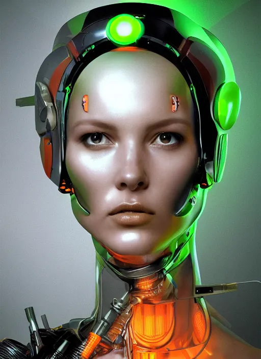 Prompt: ( symmetry ) closeup portrait of a stunning artificial cyborg female scientist, visor, strong cinematic light, backlight glow, green orange, viscous smoke, vapour, mist, by gerald brom, by mikhail vrubel, by peter elson, muted colors, extreme detail, trending on artstation, 8 k