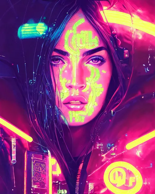 Image similar to detailed megan fox portrait neon operator girl, cyberpunk futuristic neon, reflective puffy coat, decorated with traditional japanese ornaments by ismail inceoglu dragan bibin hans thoma greg rutkowski alexandros pyromallis nekro rene maritte illustrated, perfect face, fine details, realistic shaded, fine - face, pretty face