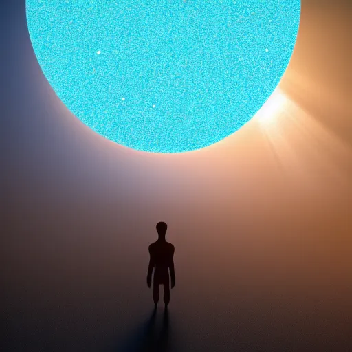 Prompt: specs of dust floating in the outline of a human figure who is no longer there, sun beam, ultra realistic, surreal, lonely, turquoise, 8K, UE5