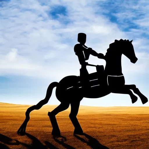 Image similar to A robot is riding a white horse in the blue sky