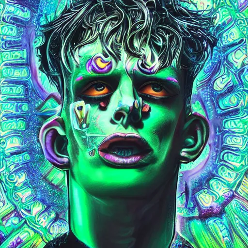 Image similar to an extremely psychedelic portrait of mgk as the riddler, surreal, lsd, face, detailed, intricate, elegant, lithe, highly detailed, digital oth, sharp focus, illustration,