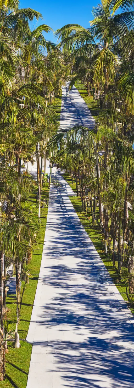 Image similar to satellite photo of walkway, palm trees, bicycles straight lines, accessible for the disabled, by professional photographer, 8 k resolution, photo, high quality