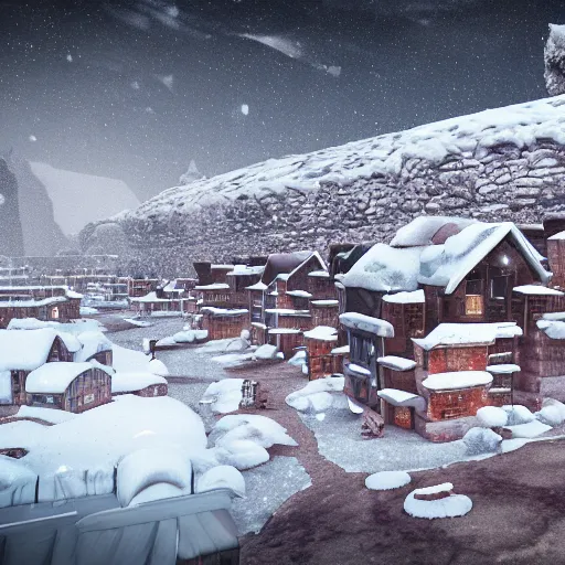 Image similar to a snowy village on the moon, 8 k, highly detailed, unreal engine render