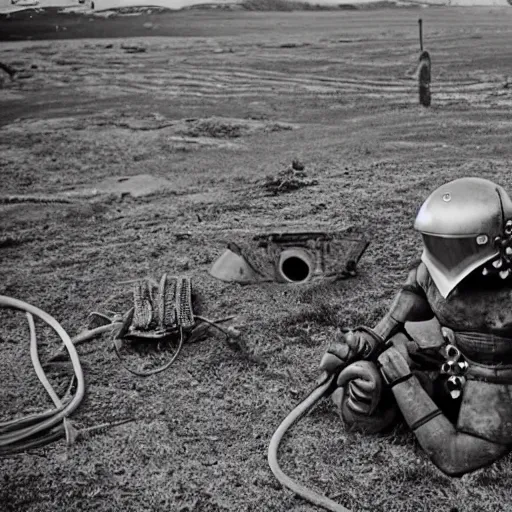 Image similar to wide angle photo of viking wearing space suit helmet and viking armor working on the antigravity gun ancient device, tools and junk on the ground,wires and lights, old village in the distance, vintage old photo, black and white, sepia