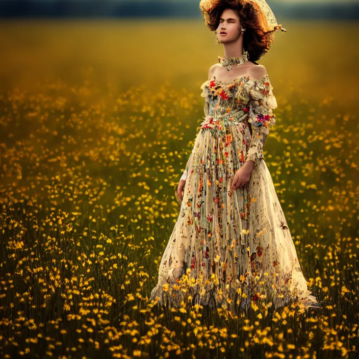 Image similar to photo of a very beautiful!! woman on intricate dress in an endless heavenly meadow, 8 k, hdr, smooth, sharp focus, high resolution, award - winning photo, trending on artstation, dslr, 5 0 mm