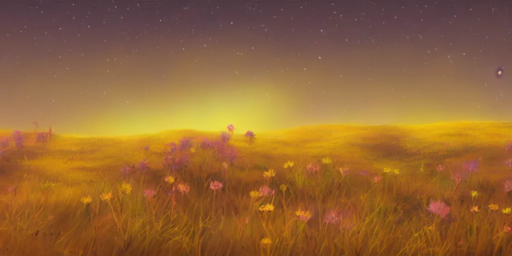 Image similar to fireflies in a sandy desert inspired by Evgeny Lushpin,flower meadow,spring,cinematic,trending on ArtStation