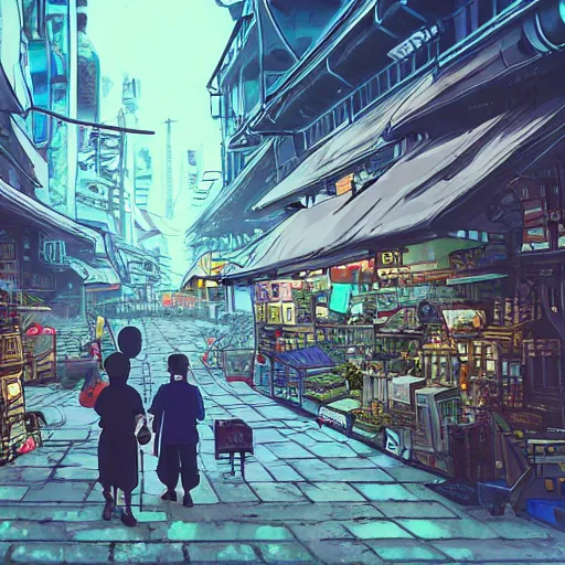 Prompt: creepy cyberpunk tent marketplace exterior wide angle in style of studio ghibli * Aspect ratio 2:1