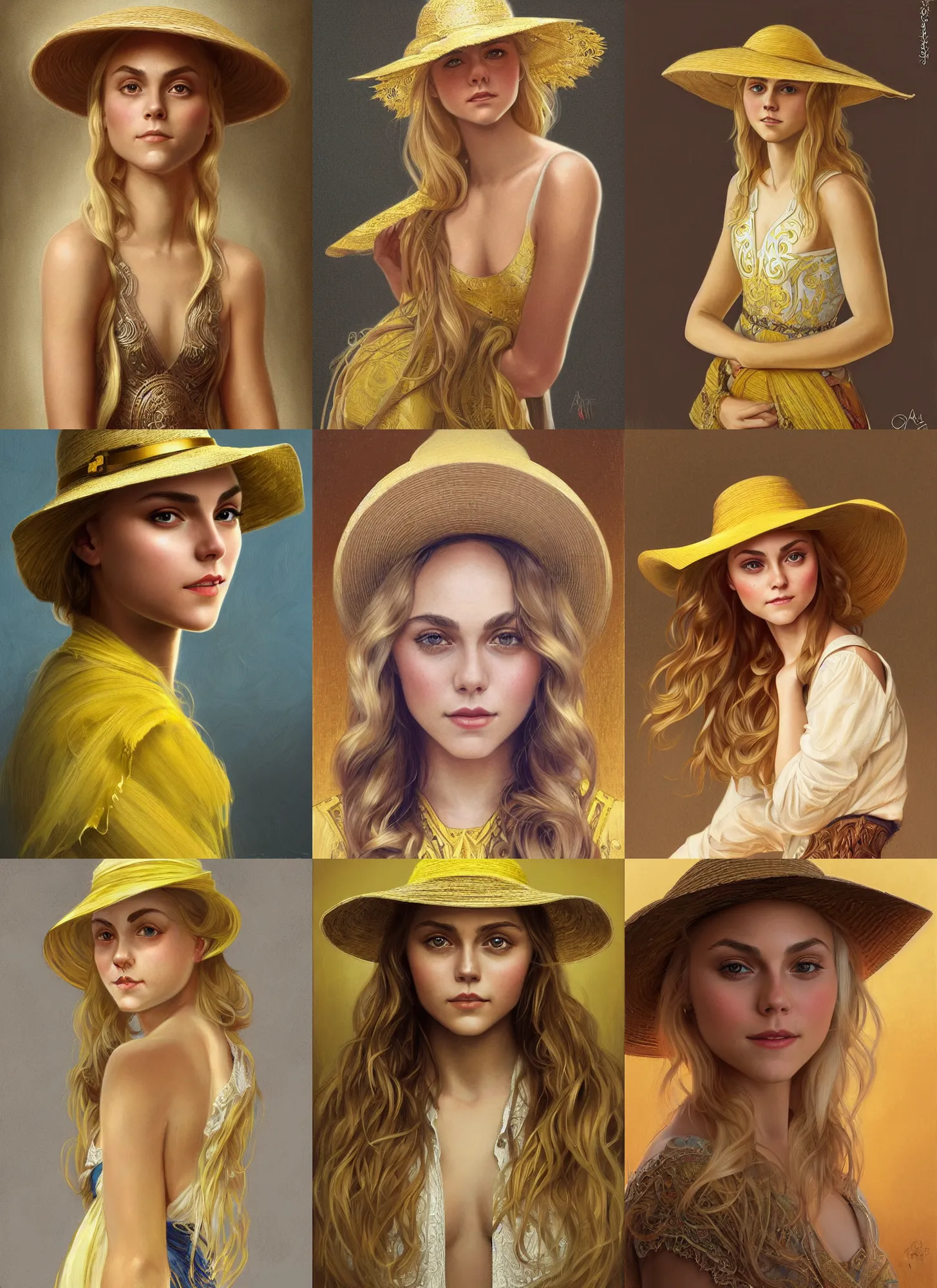 Prompt: portrait of Annasophia Robb wearing a straw hat, olive skin, long blond hair, beautiful bone structure, yellow doublet, shiny gold background, intricate, elegant, highly detailed, digital painting, artstation, concept art, smooth, sharp focus, illustration, art by artgerm and greg rutkowski and alphonse mucha
