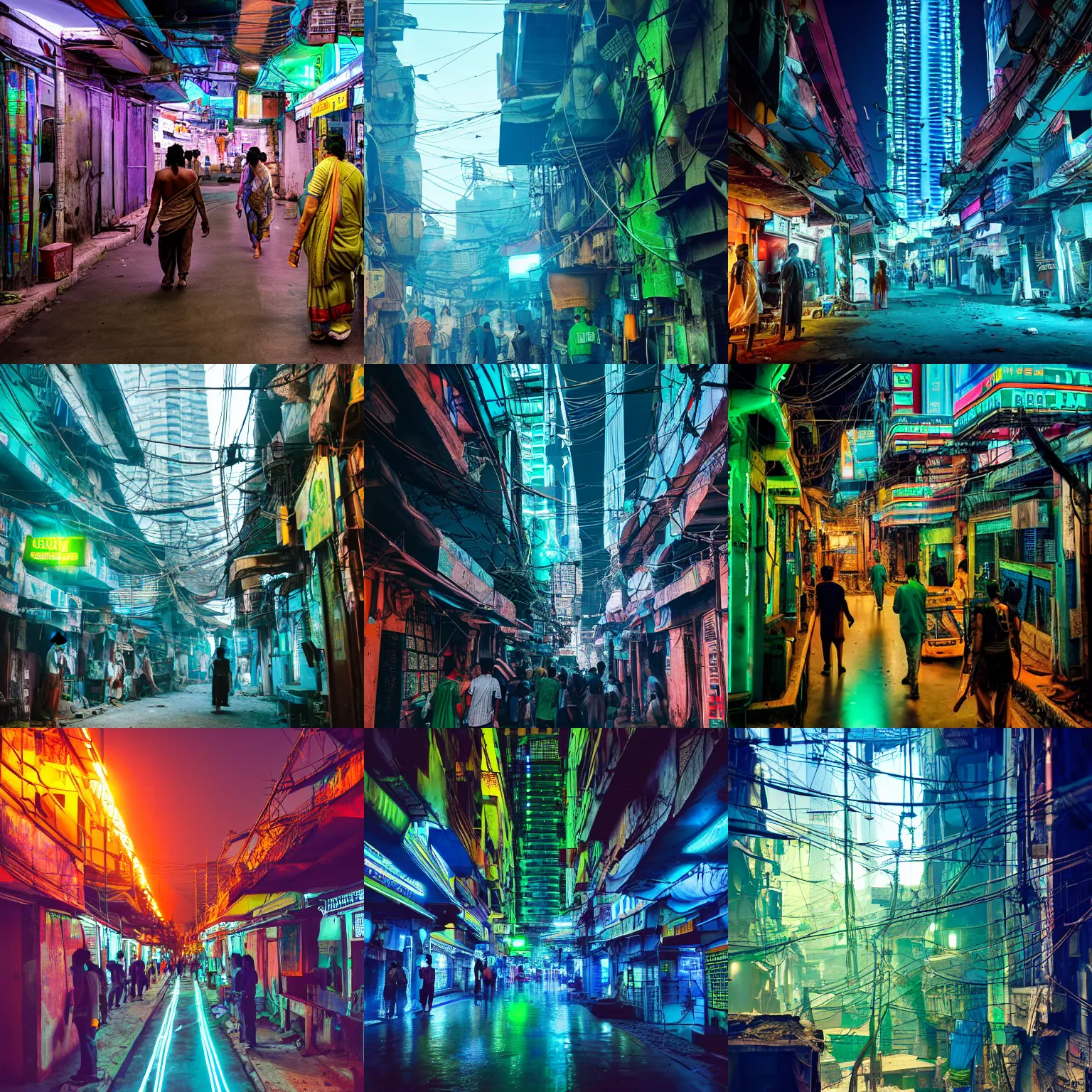 Prompt: An Indian cyberpunk city in the ancient times, bluish green lighting, professional photography